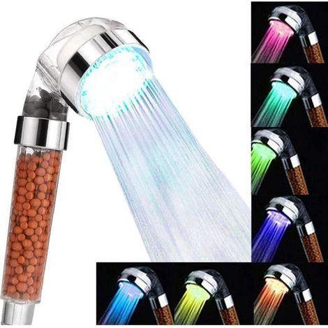 Pommeau de douche LED 7 couleurs, douchette transparente avec filtre ionique et pierre spa une pièce (1/4)