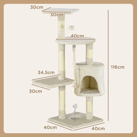 Katzenbaum mit Sisal-Kratzstämmen, Höhle, Plattformen und Hängespielzeug. Beige. Höhe 116 cm. (1/5)