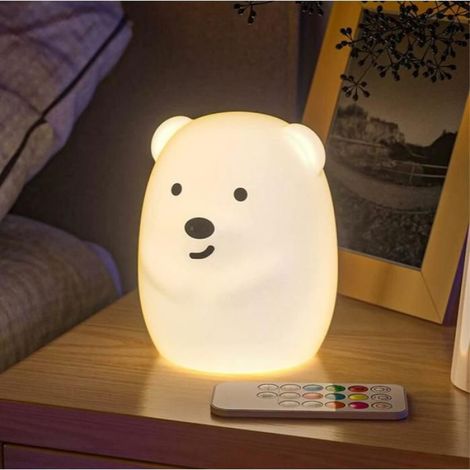 1 Veilleuse ours, 9 couleurs, télécommandée, rechargeable USB, silicone doux, chambre enfant adulte