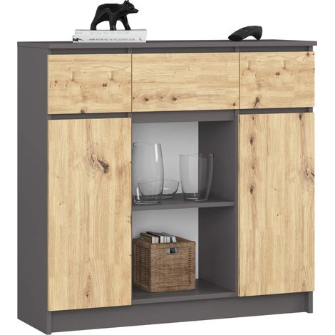 Kommode K100 Graphitgrau 101 cm 2 Türen 3 Schubladen Front Artisan Eiche 6 Regalböden B101xH98xT35 cm (1/5)