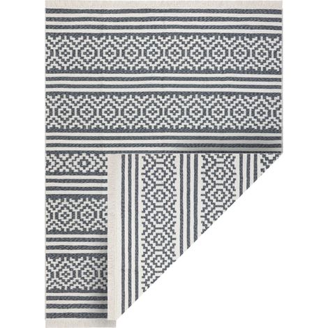 Carpet TWIN 22996 geometric, stripes cotton, double-sided, Ecological fringes - anthracite / cream grey 80x150 cm