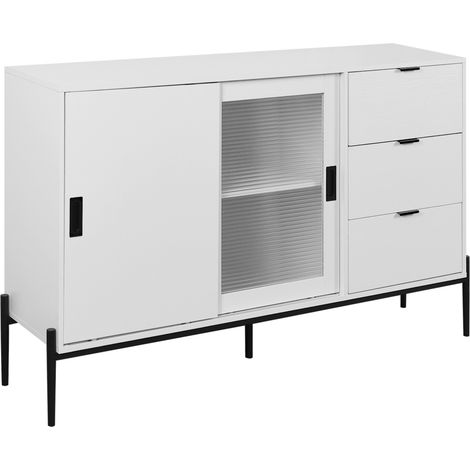 Buffet moderne blanc avec portes coulissantes en verre cannelé et 3 tiroirs pour entrée, cuisine et bureau (1/5)