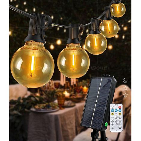 Guirlande lumineuse solaire G40, 15 mètres, 25 ampoules, étanche, 8 modes, éclairage décoratif festif, lumière blanche chaude. (1/4)