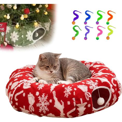 Tunnel pour chat à placer sous le sapin de Noël, tunnel en forme de donut pour grands chats : permet aux chats de dépenser leur énergie, évite qu’ils n’endommagent le sapin de Noël et les décorations (1/4)