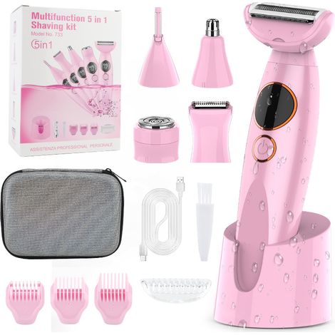 Rasoir pour femmes 5-en-1, nouveau modèle 2025 Elios, rasoir polyvalent pour femmes pour bikini, étanche IPX7, avec chargeur USB, pour ligne de bikini, jambes, aisselles