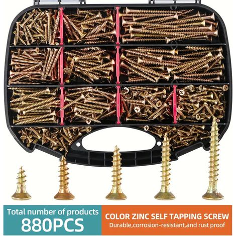 Coffret de 880 Vis Autotaraudeuses Zinguées, Vis Placo à Tête Fraisée Cruciforme en Acier Carbone, Assortiment Multi-Tailles pour Plaque de Plâtre, Cloison Sèche, Bois, Meuble et Bricolage, Kit de Vis (1/5)