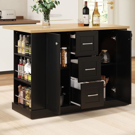 Isla de cocina móvil con encimera abatible 120 x 45 (70) x 90 cm en MDF negro REDOM (1/5)
