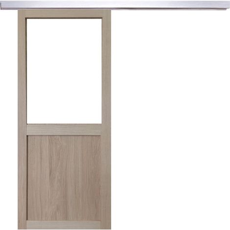Porte Coulissante Atelier placage chene Vitree H204 x L73 + Rail Alu (1/5)