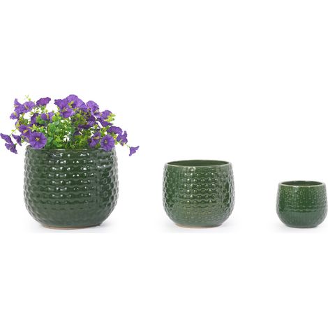 CHICFURN Lot de 3 pots de fleurs en céramique vert foncé brillant, jardinières d'intérieur extérieur avec trous de drainage, résistants au gel pour balcon jardin (1/5)