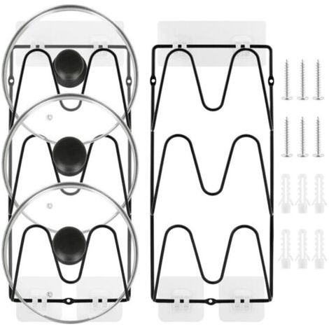 2 pièces, 6 niveaux Support de rangement pour couvercles de casseroles, sans perçage, adhésif,résistant à la rouille, pour couvercles de casseroles et poêles, rangement de cuisine(Noir ) (1/3)