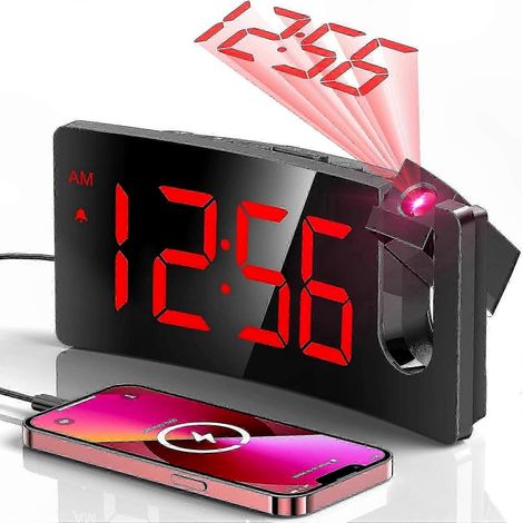 Réveil à projection numérique avec projecteur rotatif à 180° et réglage de la luminosité à 3 niveaux chiffres rouges et projection rouge. (1/5)