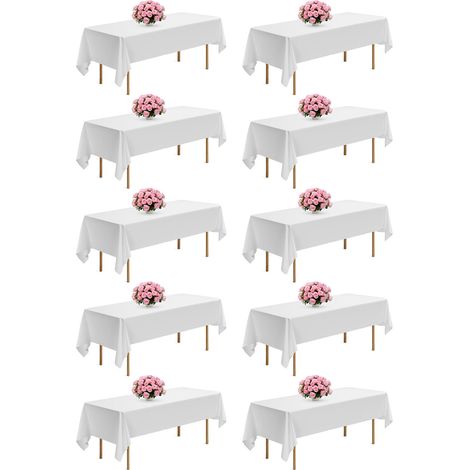 VEVOR Nappe rectangulaire blanche, 1524 x 2591 mm, couverture de table en polyester infroissable, lot de 10, resistante a la dechirure et leffilochage, lavable en machine, pour mariage, fete, banquet (1/5)