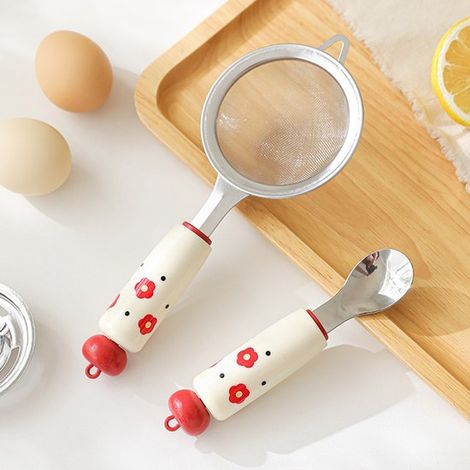 2 teiliges Set Babykostlöffel & Filtersieb, Küchenutensilien aus Edelstahl zum Kompott und Filtern (1/4)