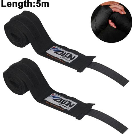 Hochwertige Boxbandage mit Klettverschluss und Daumenschlaufe. 3m/5m nicht nachlassende Bandage für MMA, Boxen, Kickboxen und Kampftraining. (Schwarz, 5m) (1/5)