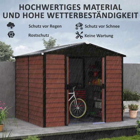 Abri de jardin de 4,4 m², toit pentu, porte coulissante, fondations, 240 x 206 x 198 cm, en acier galvanisé, résistant aux intempéries, pour jardin, teck (1/5)