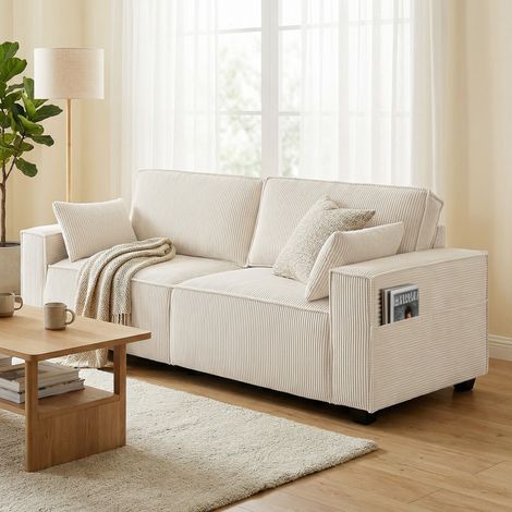 Canapé trois places en velours côtelé, 218 cm, canapé de salon, coussins à ressorts, larges accoudoirs, 2 coussins, beige (1/5)