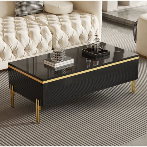 Table basse 100x50x36 cm noire en panneau de particules brillant avec tiroirs et pieds en métal (1/5)
