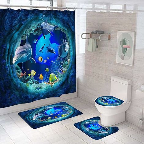 Dolphin Shower Curtain Set of 4, Bathroom Shower Curtain Set with Mat, Non-Slip Toilet Lid Cover, U-Shaped Mat, Bath Mat with 12 Hooks (Dolphin) (1/5)
