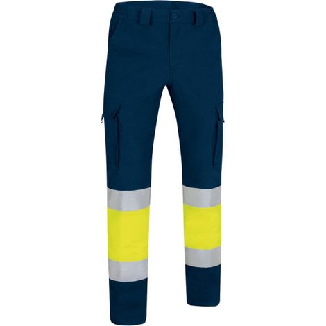 Pantalón de Alta Visibilidad multibolsillos bicolor, cintas reflectantes EN 20471, tejido elástico hidro-repelente VALENTO RIGEL M Amarillo fluor / Azul marino