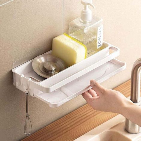 Porte Eponge Evier Cuisine, Auto-adhésif Rangement en ABS pour Savons, Multifonction Égouttoir avec 2 Crochets et Étagère à Serviettes (1/4)