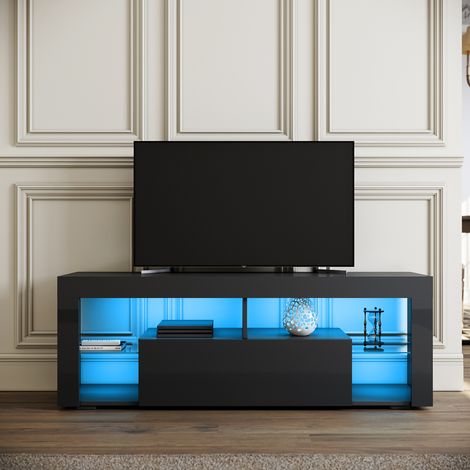 Meuble TV Bas  - Lumière LED Réglable avec Télécommande - Grande Capacité, SIRHONA - Noir 140x35x50,5 cm (1/5)