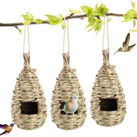 Nichoirs pour Oiseaux Tissés à la Main,Nid Oiseau Fait à la Main,Herbe Maison pour Colibris à Suspendre à L'extérieur,Niches pour Oiseaux (1/4)