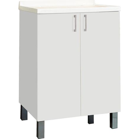 Mobile Lavatoio in legno Bianco a 2 ante con vasca in metacrilato 60x50 cm (1/3)