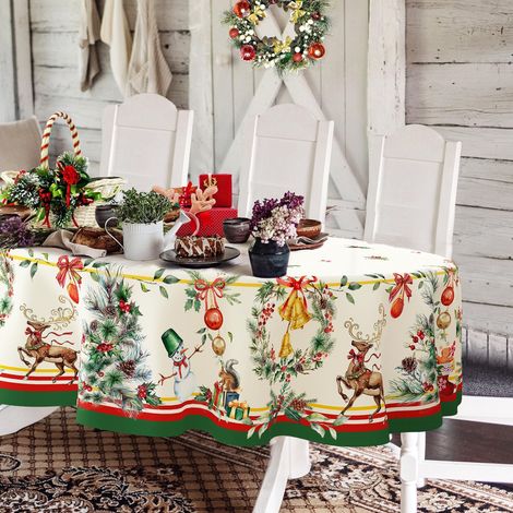 Nappe de Noël Ovale de 137 x 183 cm, Motif Sapin de Noël, élan, décoration de Vacances, Nappe de Table en Polyester imperméable et Infroissable Durable pour Cuisine, Hiver et décoration (1/5)
