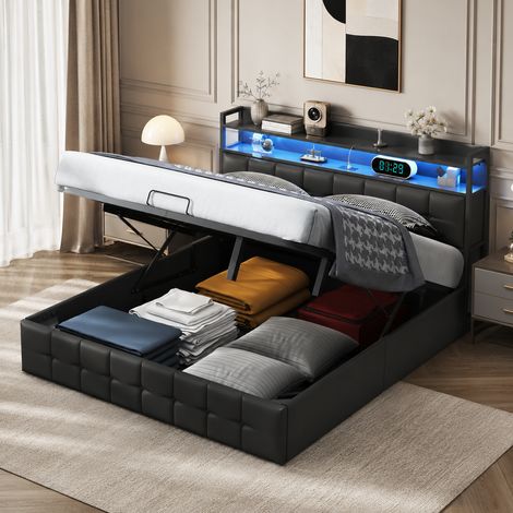 Lit coffre 140×200 cm,lumière LED et port USB,cadre de lit 140×200,rangement hydraulique,lit double capitonné,tête de lit avec rangement,style moderne,sommier à lattes,lit adulte,lit ados,PU,Noir (1/5)
