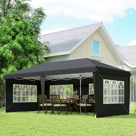 Pavillon ca. 3x6m Wasserdicht Pop-up Faltpavillon mit 4 Seitenwänden, Fenster UV-Schutz Tragetasche Schwarz