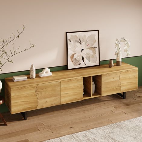 TV-Ständer 191 x 38 x 46,5 cm, natürliche Eleganz, geschwungene Türen, MDF und Spanplatte, Naturfarbe (1/5)