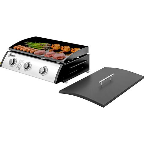 Plancha gaz 3 brûleurs 7,5 kW, surface cuisson 61 x 35,5 cm avec couvercle, gaz liquéfié/propane, 63 x 47 x 25 cm noir