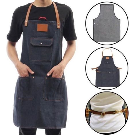 1 Tablier, Denim, Bretelles cuir réglables, Poches rivets cuivre, Chef Boulanger Hôtel