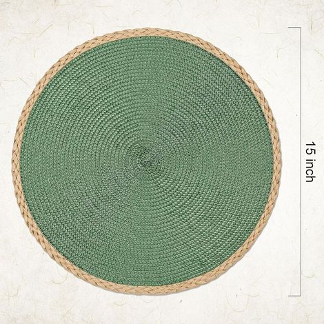 Set de 6 dessous de plat ronds tissés - bord fin en papier tressé vert - 38 cm diamètre - pour assiette et couverts - lavable - résistant à la chaleur - intérieur et extérieur terrasse (1/5)
