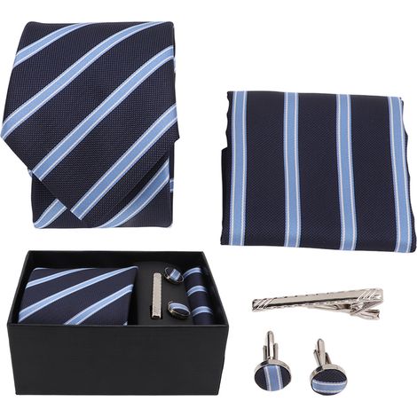 Mens Tie Set Handkerchief Cufflinks Tie Clip Durable Wear Resistant Delicate Texture Classic Stripe Design Men's Ties (1/5)