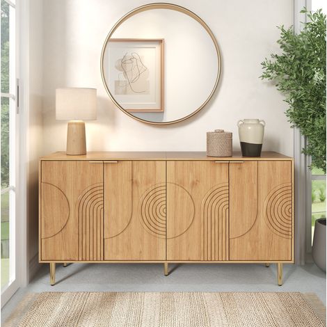 Credenza 140x40x72 cm in MDF con 4 ante e ripiani regolabili, finitura naturale (1/5)