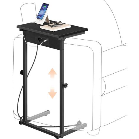 Table d’Appoint en Forme de C, Table pour Canapé avec Station de Recharge, Réglable en Hauteur, Plateau pour TV, pour Petits Espaces, Salon, Chambre, Bureau, Noir (1/5)