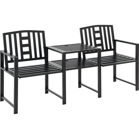 Panchina da Giardino Moderna 2 Posti con Tavolino e Foro per Ombrellone Arredamento da Esterno 165x56x85.5cm Nero