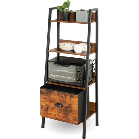Étagère à échelle étroite à 4 Niveaux pour Bureau à Domicile, Salon, Chambre à Coucher, Cuisine, bibliothèque en Bois avec tiroirs, Industrie, Marron Rustique et Encre Noire (1/5)