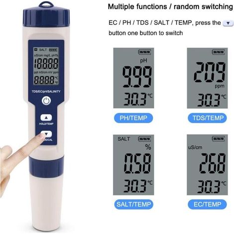 Tester multifunzione per la qualità dell'acqua BDD, tester 5 in 1, misuratore digitale di TDS/EC/salinità/pH/temperatura per acqua potabile, piscine, acquari, vasche per pesci, idroponica (1/3)