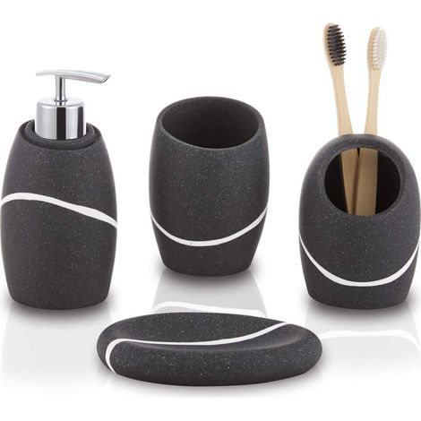 1 Ensemble Accessoires Salle De Bain - Distributeur Savon Porte Brosse Gobelet Porte Savon - Résine Robuste Pour Famille Enfant - Noir Granit - 7,6x15,2cm