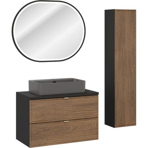 Set SAVIA: mobiletto sottolavabo 80cm + lavabo da appoggio + colonna di storage + specchio LED