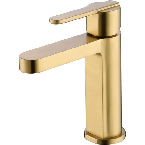 Mice - Grifo monomando de baño - Griferia lavabo de laton para agua fria / caliente - Grifo para lavamanos - Grifo de caño corto Color Oro Cepillado (1/4)