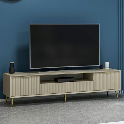 Meuble TV moderne beige façade rainurée pieds dorés MARFA (1/5)