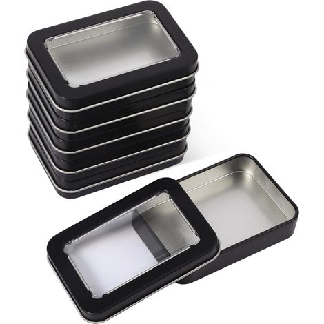 Lot de 6 boîtes en métal avec couvercle, boîte de rangement rectangulaire en métal avec couvercle, boîte en tôle avec fenêtre transparente, petite boîte en métal avec couvercle transparent (noir) (1/5)
