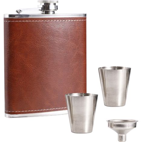 Borraccia in acciaio inox, con rivestimento in pelle marrone, capacità 240 ml (8 oz), 3 tazze e imbuto. (1/4)
