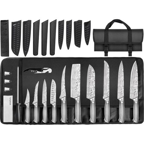 17 Piece Stainless Steel Kitchen Knife Set with Case, Sharp Chef's Knife, Finger Guard, Knife Saber Sockets, Sharpening Wand, Oxford Carry Bag - Ideal for (1/5)
