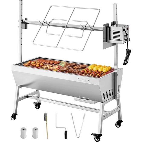 Barbecue Rôtissoire à Charbon Tournebroche Électrique 38W Charge 60kg Broche Inox 940mm 7 Hauteurs TB-37L2