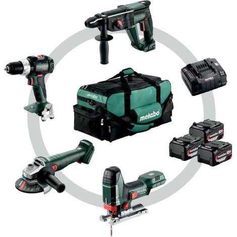Metabo – Pack de 4 outils électroportatifs 18V – Visseuse-perceuse, meuleuse, marteau combiné, scie sauteuse – 3 batteries 4.0Ah et chargeur rapide inclus – Sac à outils