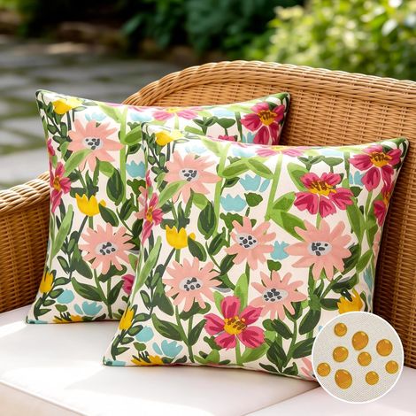 Housses de Coussin Imperméables 45x45 Taies d'oreiller pour Canapé, Décoratif de Chambre à Coucher, Chaise,Lit, Jardin, Voiture Fleur Rose Motif de Feuilles Vertes Lot de 2 (1/5)